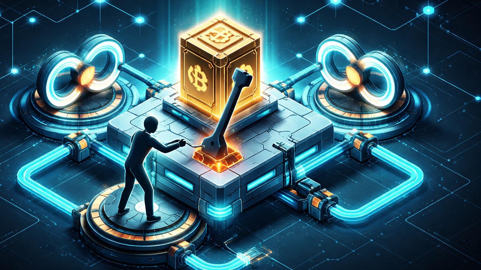 Plataforma isométrica com wallet conectada a loops de alavancagem perpétua e silhueta de trader, ilustrando trading on-chain na Binance Wallet