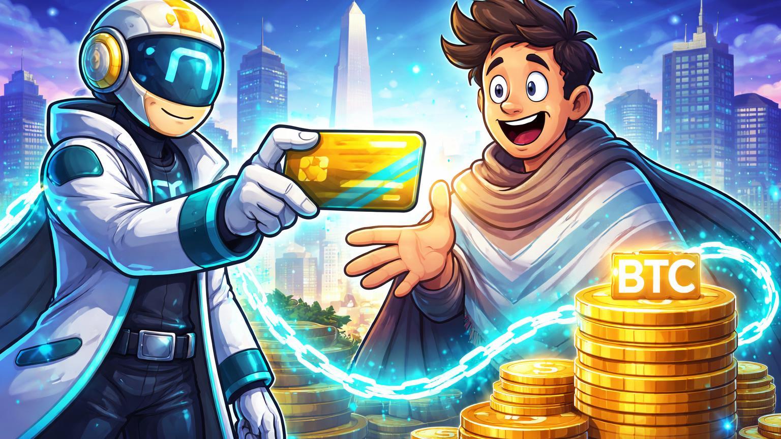 Personagens cartoon da Lemon entregando cartão de crédito respaldado por pilha de Bitcoin intacta, simbolizando nova liquidez na Argentina