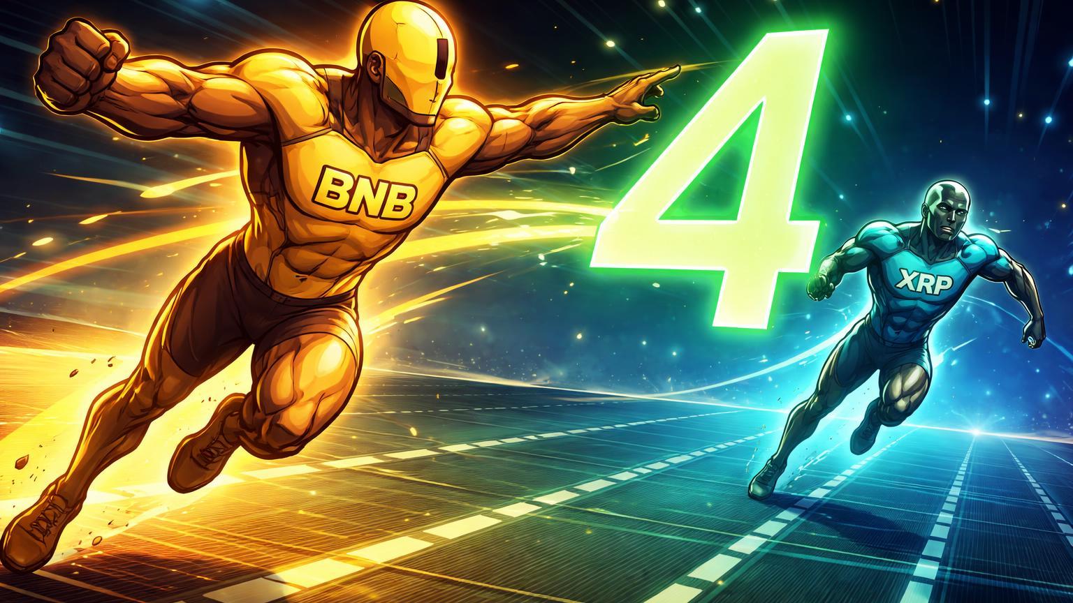 Personagens cartoon BNB e XRP em corrida de market cap, BNB ultrapassando para retomar 4º lugar no ranking global de altcoins