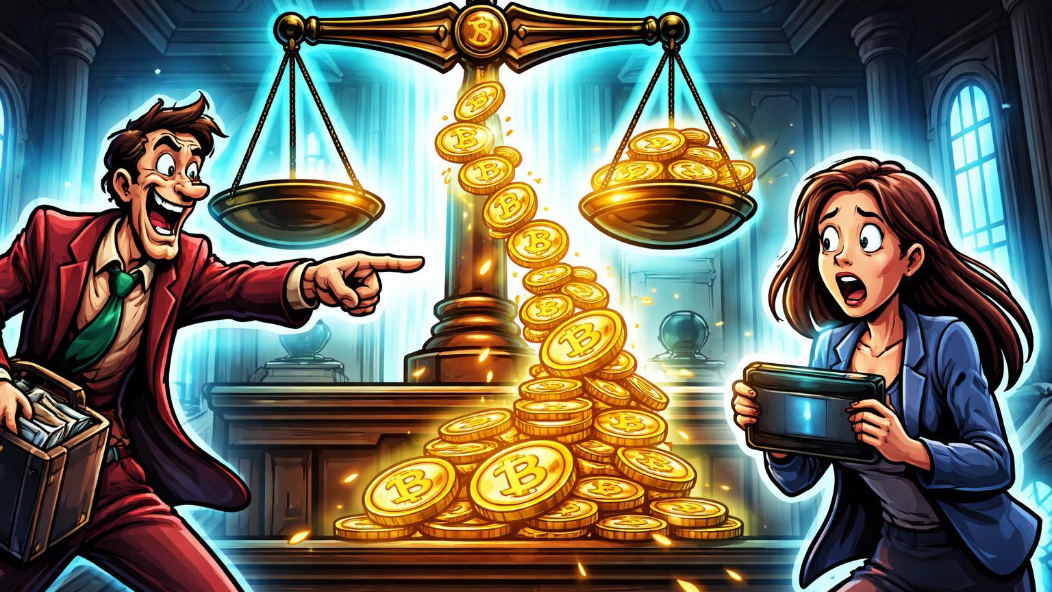 Personagens cartoon em tribunal surreal: ladrão ganancioso processando vítima chocada com XRP fluindo na balança invertida, caso de fraude bizarra