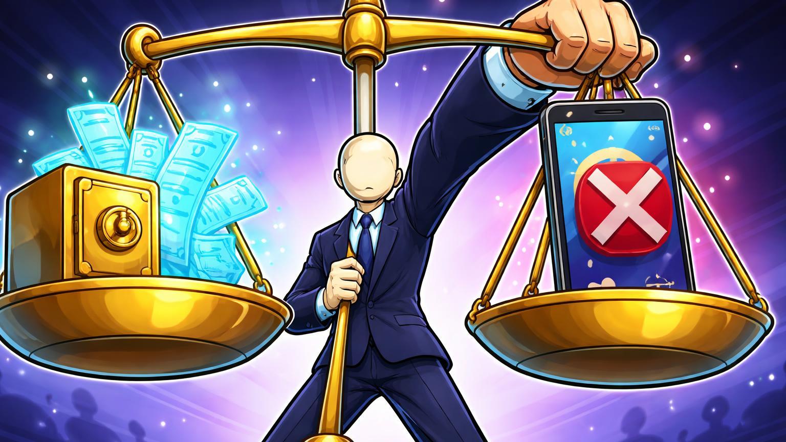 Regulador cartoon equilibrando balança com cofre de tokenização dourada aberta e smartphone de exchange bloqueado, simbolizando regulação na Coreia do Sul