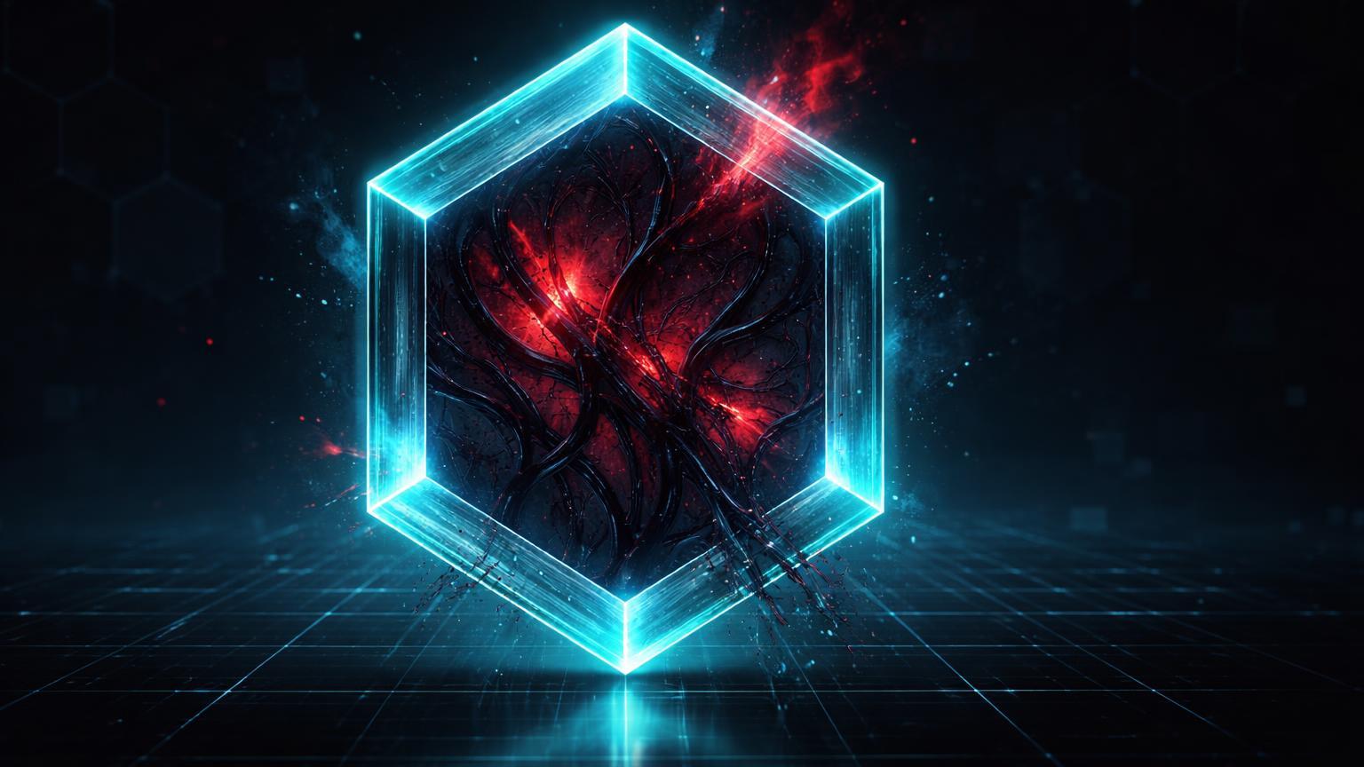 Nó hexagonal cristalino cyan com veias vermelhas pulsantes infiltradas, simbolizando ransomware DeadLock usando Polygon para evasão