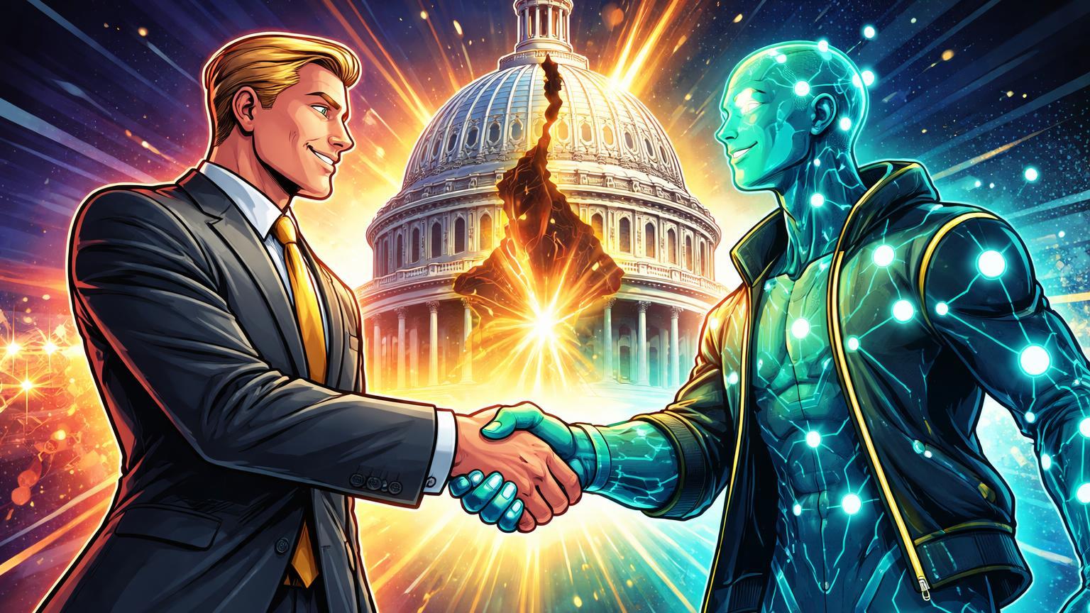 Executivo bancário cartoon apertando mãos com personagem DeFi sob cúpula rachada do Capitólio, simbolizando aliança Goldman Sachs e vitória DeFi na regulação EUA