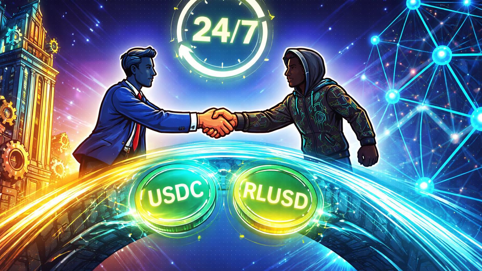 Personagens cartoon broker e cripto apertando mãos sobre ponte de stablecoins USDC e RLUSD, simbolizando depósitos 24/7 e integração entre ações e cripto