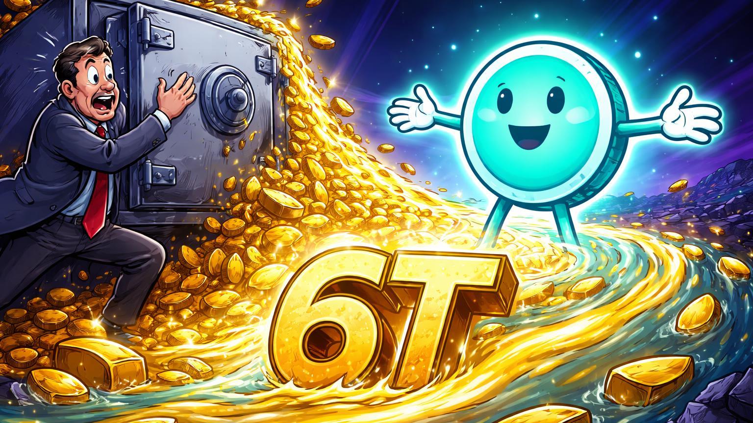 Executivo bancário cartoon em pânico segurando cofre vazando ouro para stablecoin confiante, simbolizando alerta de fuga de US$ 6 tri