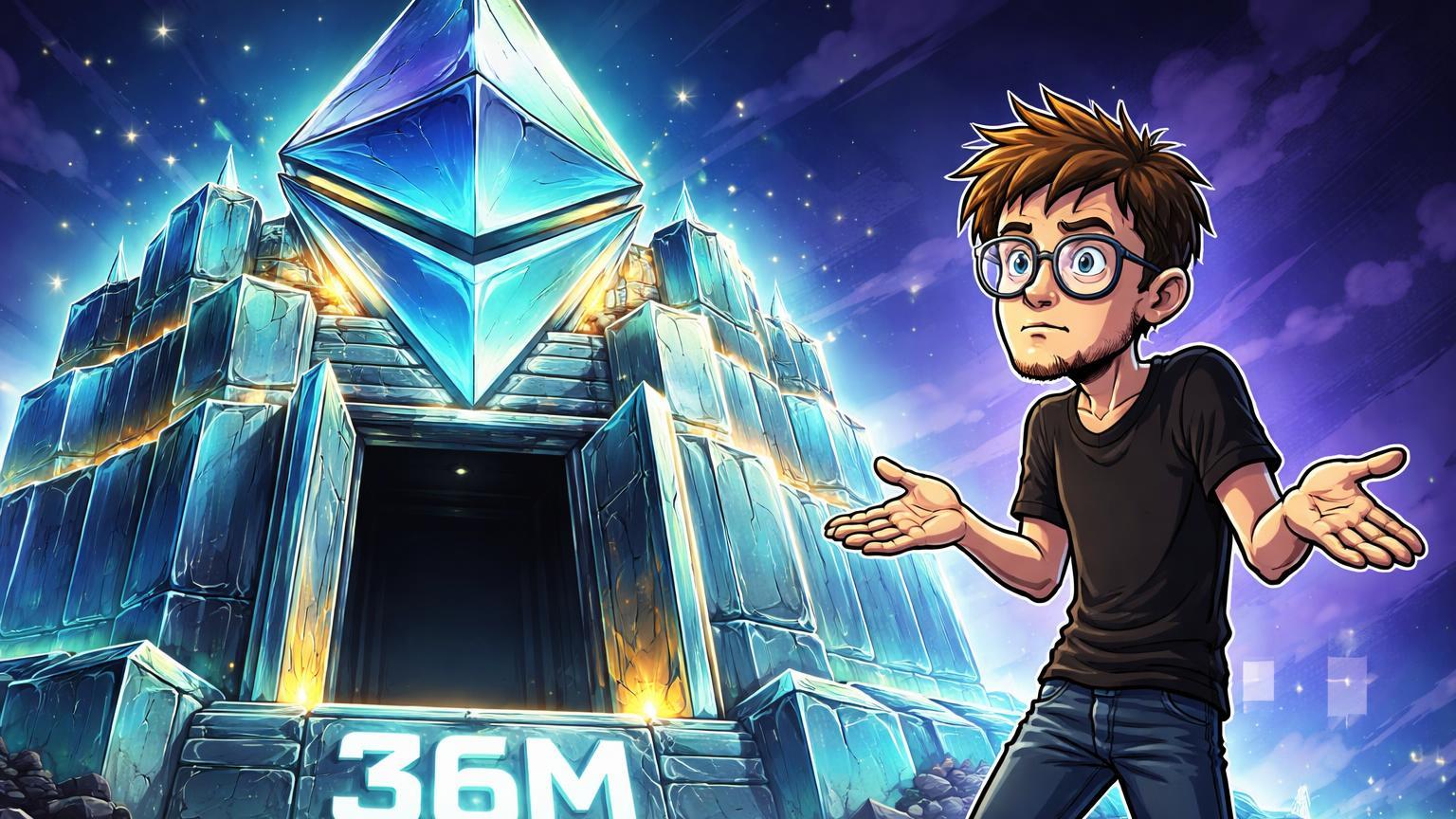 Vitalik cartoon questionando fortaleza cristalina ETH com 36M staking brilhante mas interior vazio, paradoxo de segurança vs apps práticos