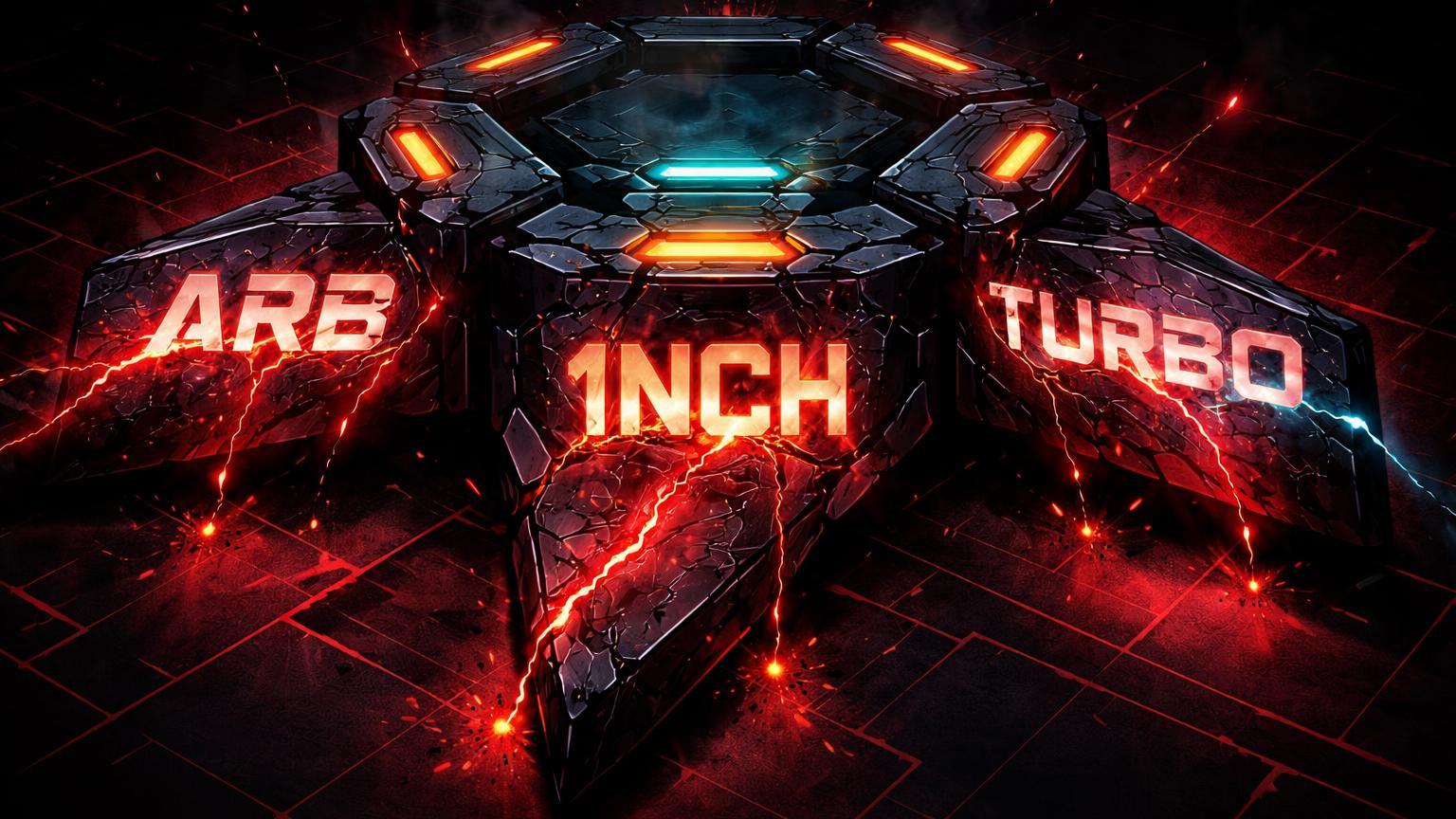 Plataforma digital com extensões ARB, 1INCH e TURBO rachando em vermelho, alertando fim de suporte urgente na Binance