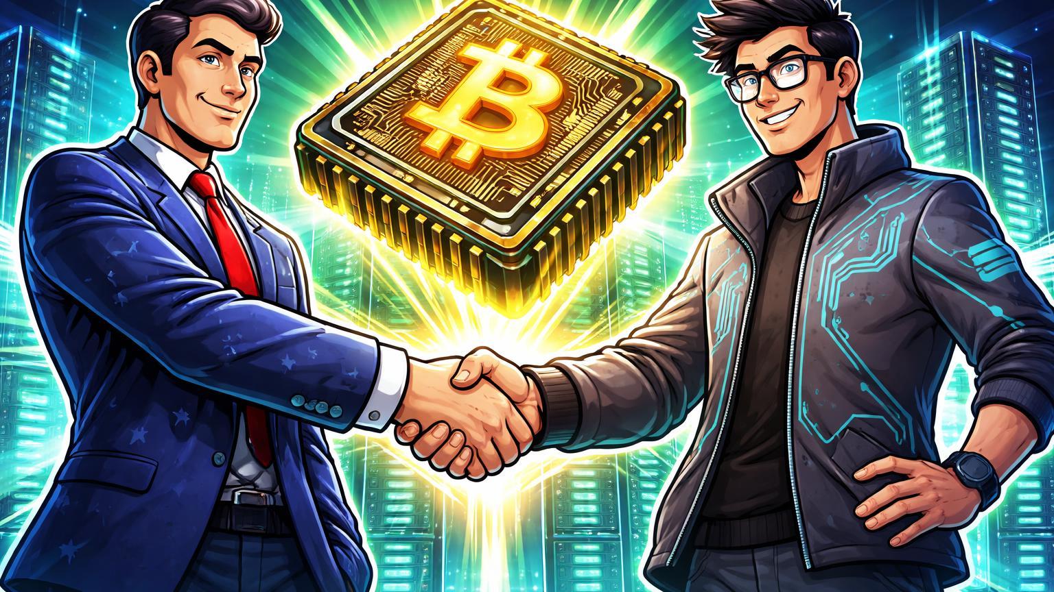 Executivos cartoon de EUA e Taiwan apertando mãos sobre chip virando ASIC Bitcoin, fortalecendo suprimentos para mineração