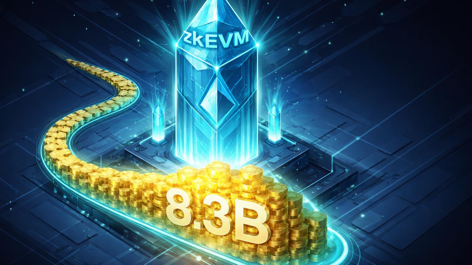 Ecossistema isométrico Ethereum com torre zkEVM crescendo e fila de blocos ETH dourados marcados 8.3B, simbolizando roadmap e staking acumulado