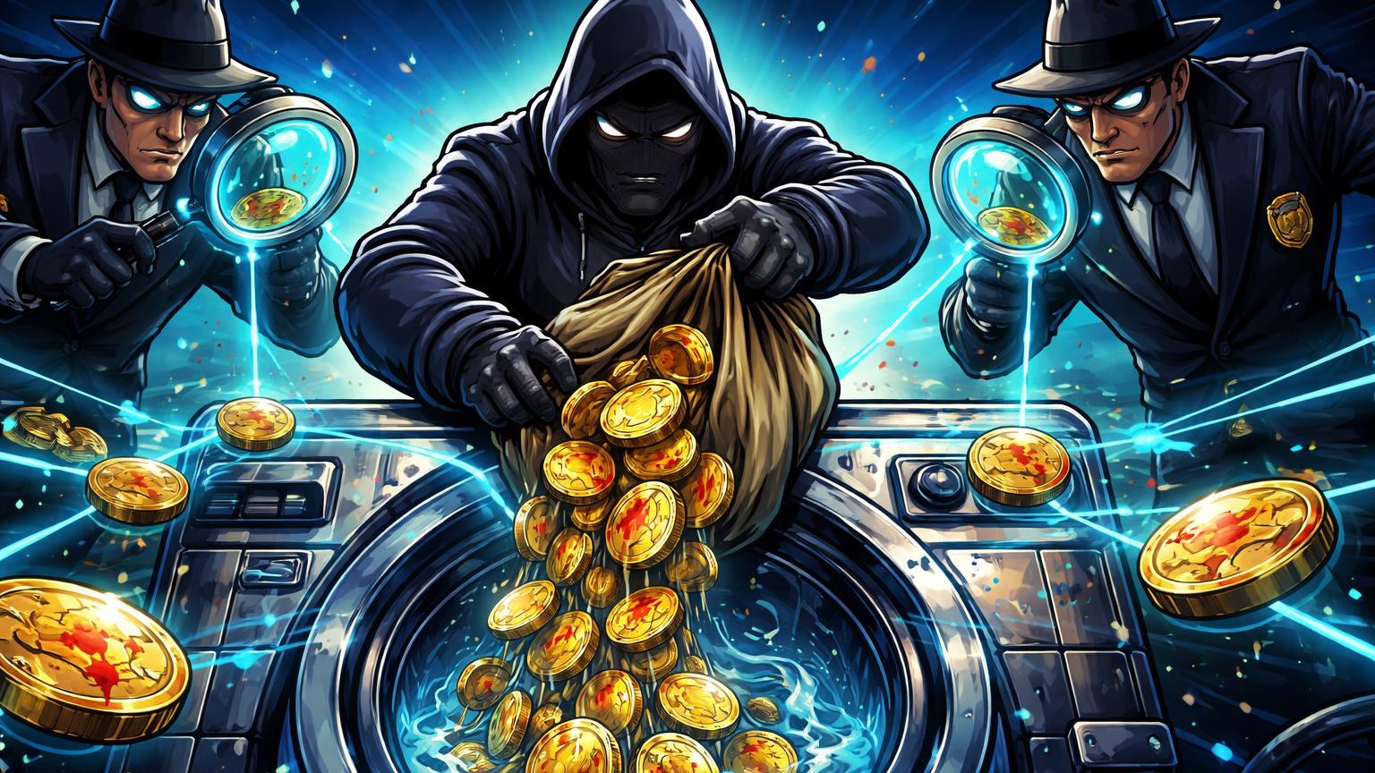 Agentes FBI cartoon rastreando criminoso estilizado lavando moedas cripto sujas em máquina blockchain, ilustrando esquema bilionário descoberto