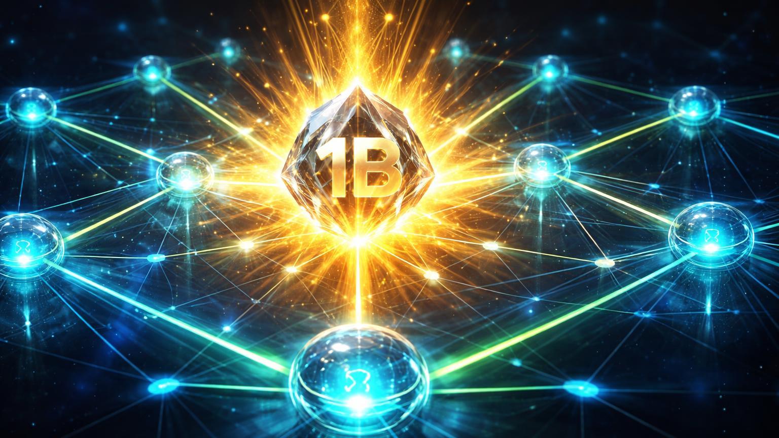 Rede glass cyan de Solana com cristal central '1B' dourado infundindo energia, simbolizando recorde US$ 1 bi em RWA apesar queda SOL