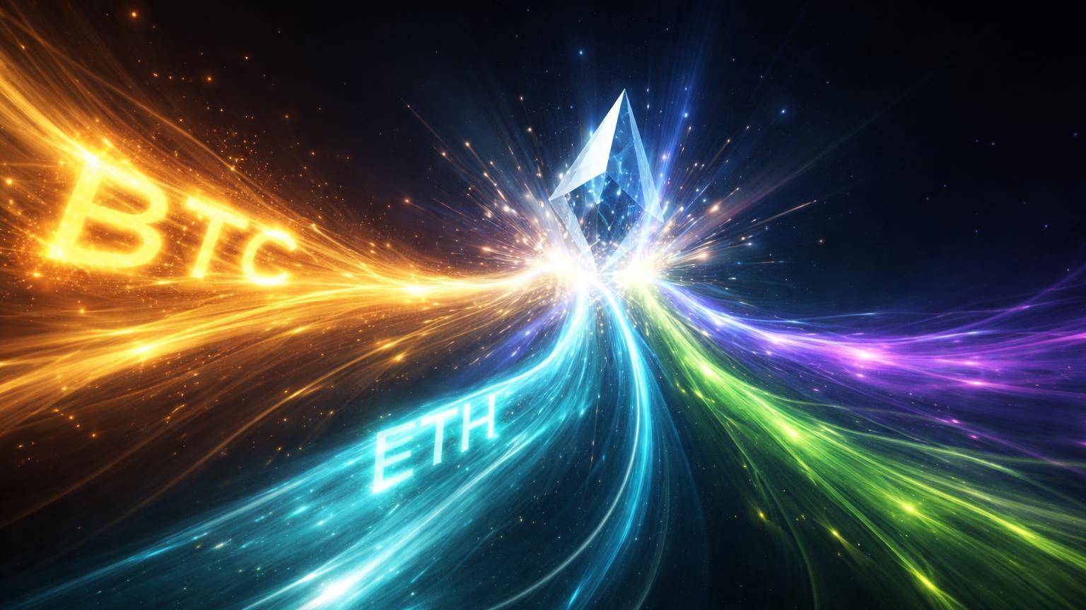 Fluxo de energia dourada se dividindo em riachos cyan, verde e roxo, representando rotação institucional de Bitcoin para altcoins como Ether