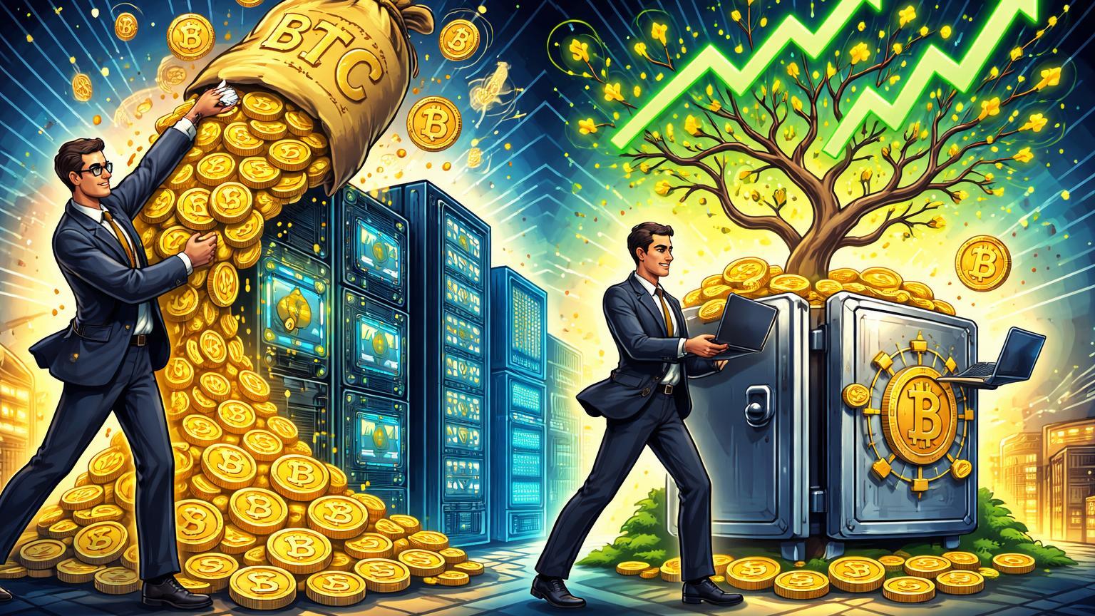 Executivos cartoon transformando BTC em data centers IA e acumulando Bitcoin em tesouraria crescente, simbolizando pivô corporativo e adoção institucional