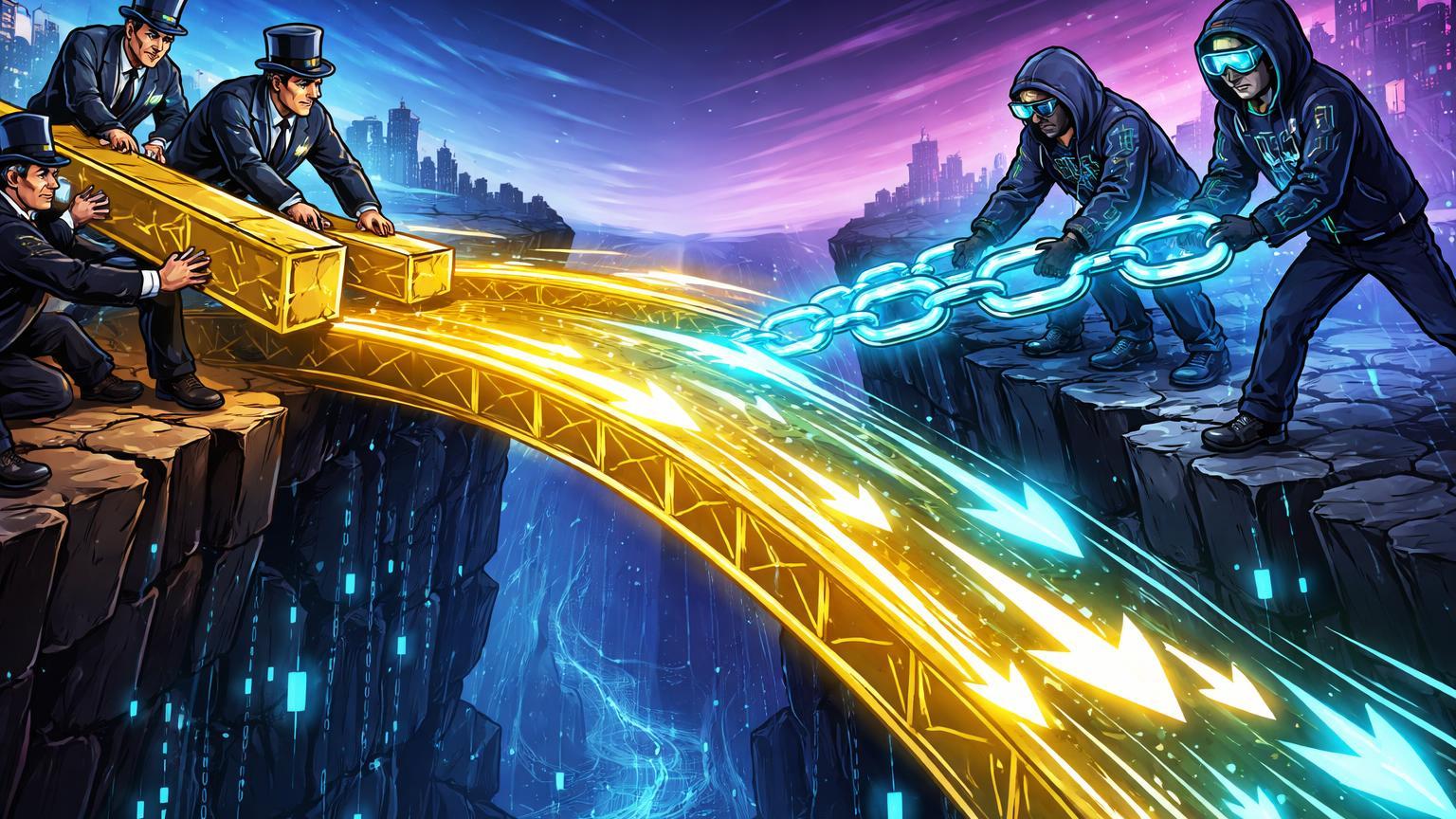 Executivos cartoon bancários e tech construindo ponte luminosa sobre abismo, simbolizando avanço Swift-Chainlink na tokenização com grandes bancos