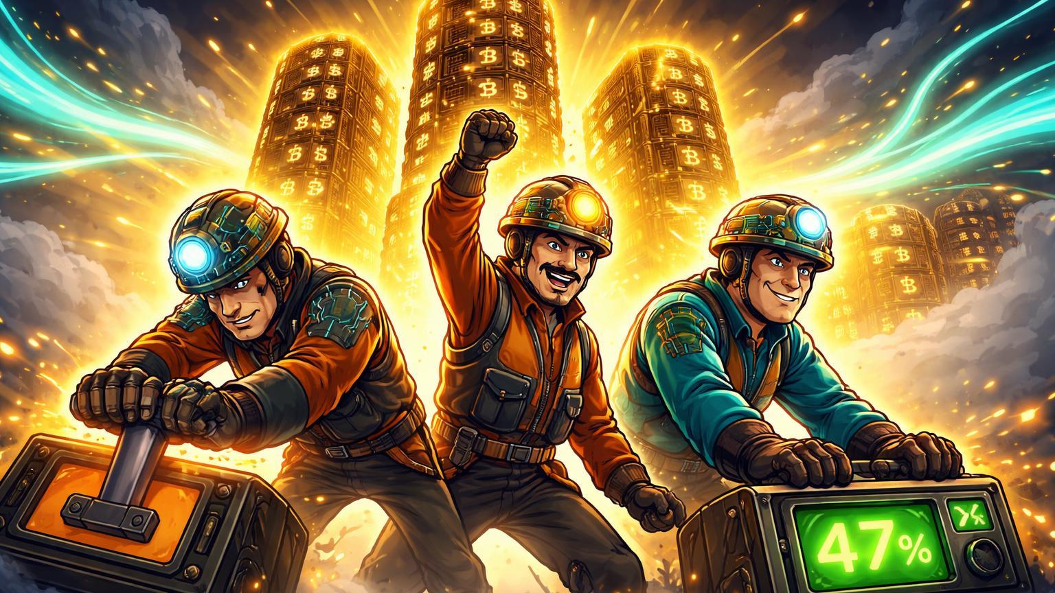 Mineradores cartoon ativando rigs de mineração Bitcoin iluminados em dourado, com névoa dissipando, simbolizando recuperação de lucratividade segundo JPMorgan