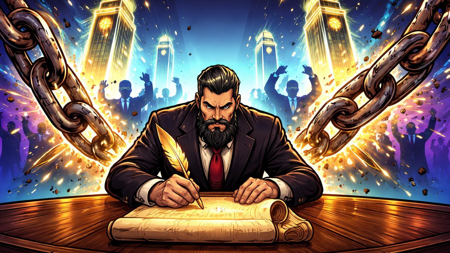 Líder cartoon assinando decreto que quebra correntes de sanções, liberando torres de crypto-banks luminosos na Bielorrússia