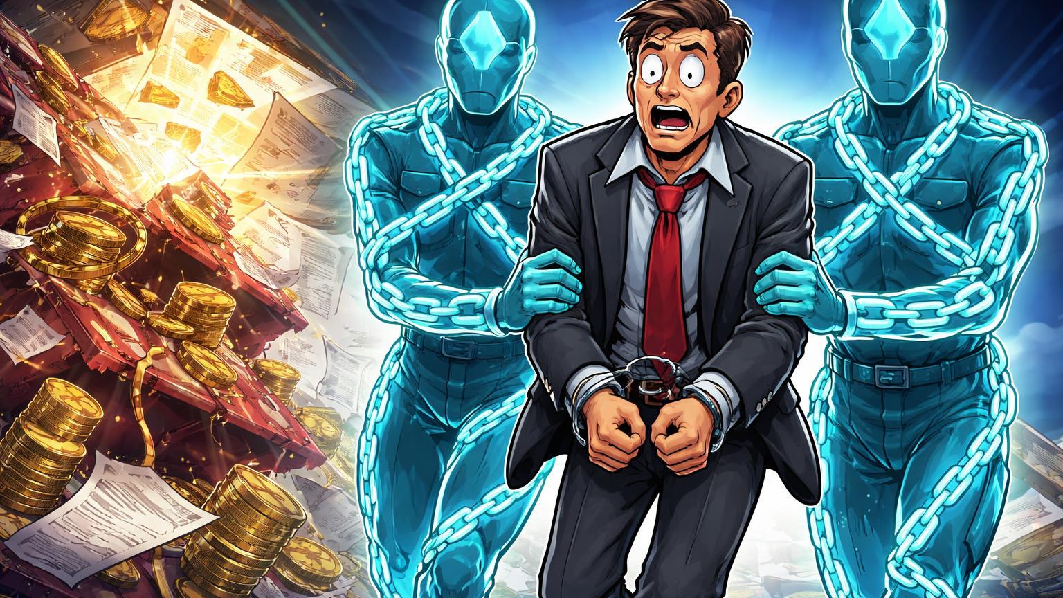 Fraudador cartoon algemado por guardas blockchain enquanto plataforma desmorona sob luz de transparência, simbolizando fim de Huione e prisão em esquema CBDC