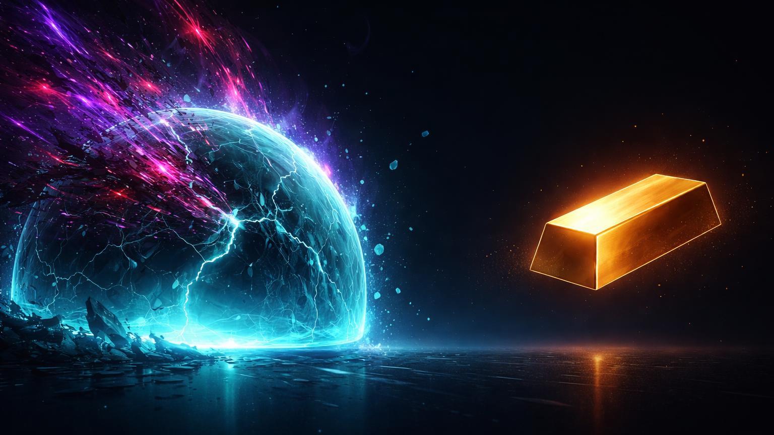 Cúpula cyan fragmentando sob partículas quânticas roxas/vermelhas, lingote dourado intacto ao lado, simbolizando temores quânticos e migração para ouro