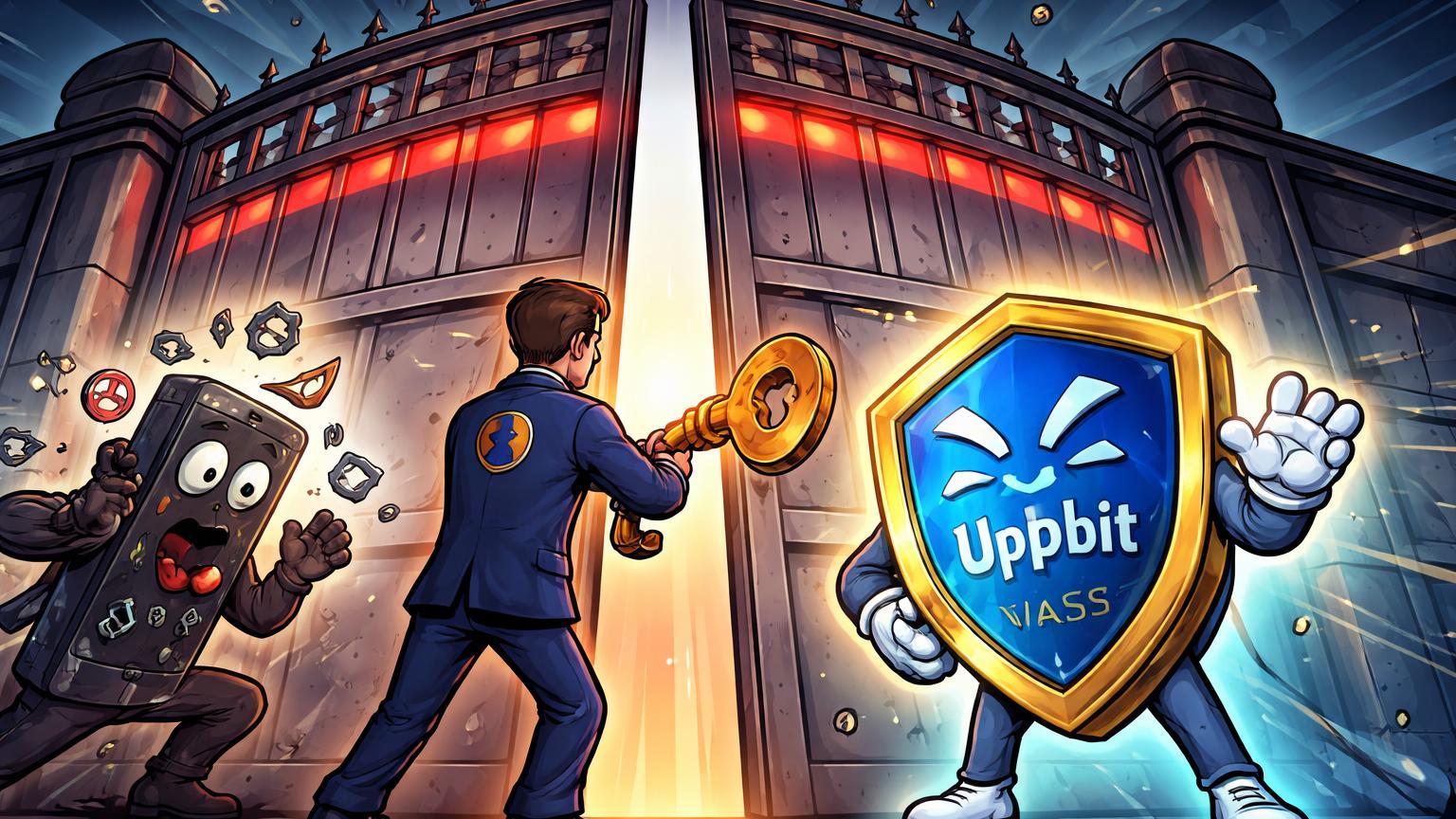 Regulador cartoon fechando portão para exchange offshore enquanto Upbit entra confiante, simbolizando regras do Google Play na Coreia do Sul