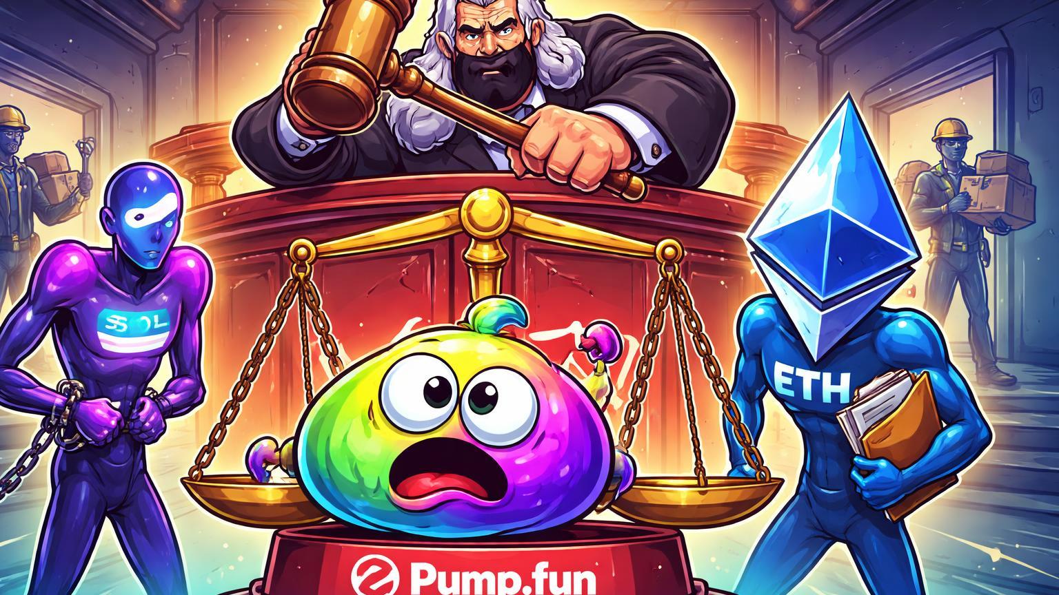 Tribunal cartoon com juiz martelando sobre Pump.fun e Solana algemada, ETH confiante na balança e equipe Polygon demitida, simbolizando ações judiciais no mercado cripto