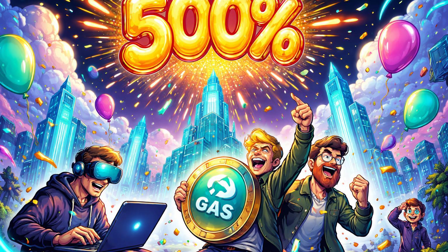 Personagens cartoon hypados celebrando explosão de balões gás com 500% em cidade Solana digital, simbolizando disparada do GAS Token por hype IA