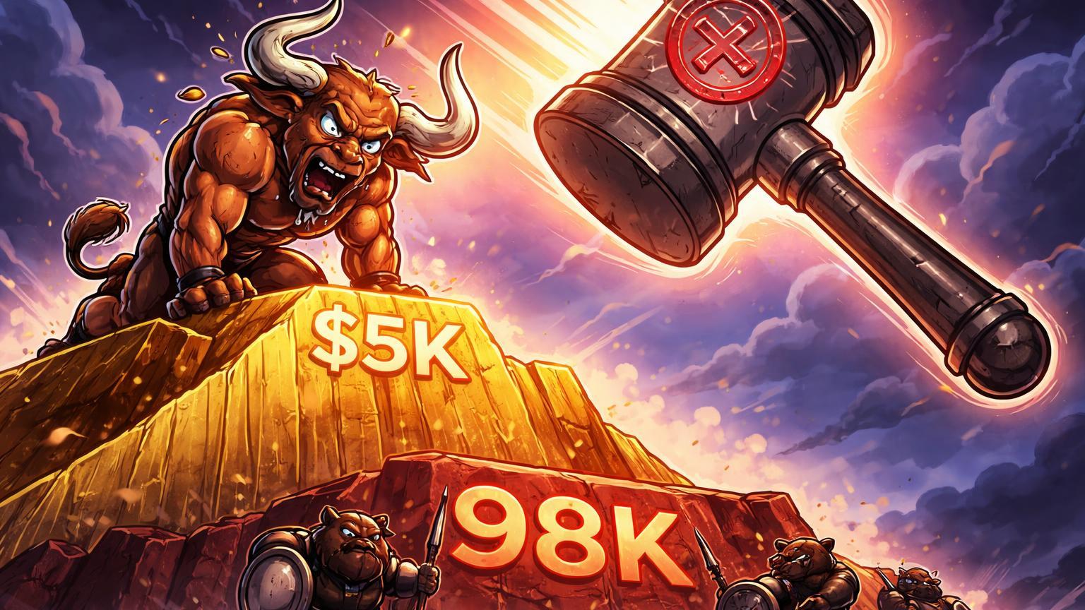 Touro cartoon exausto no pico de montanha dourada sob martelo legislativo, bears defendendo platô 98K, ilustrando recuo do Bitcoin