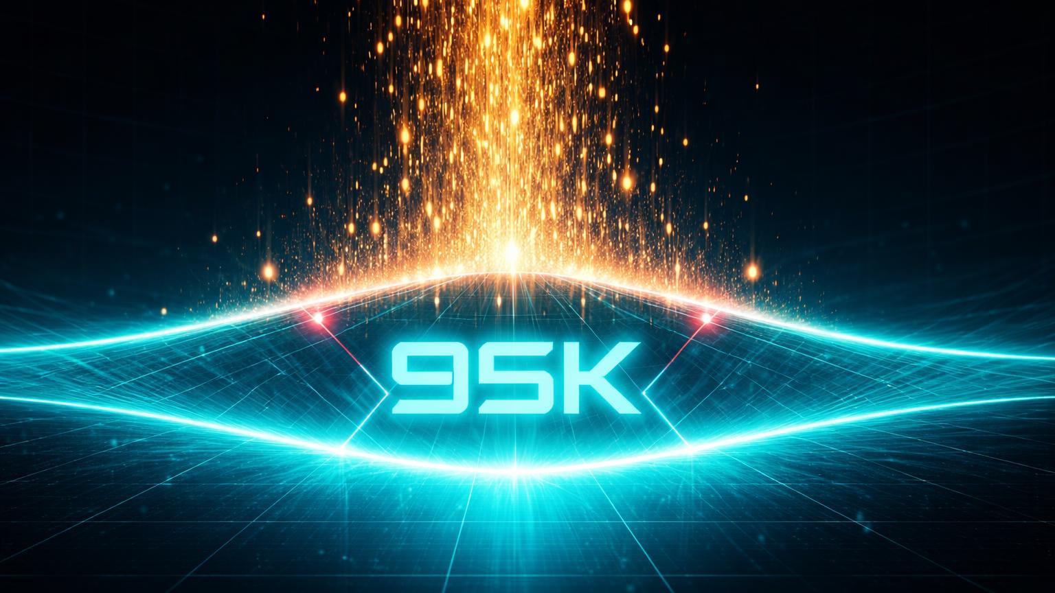 Barreira de suporte digital '95K' pressionada por fluxo dourado de partículas BTC de STHs para exchanges, testando limite psicológico