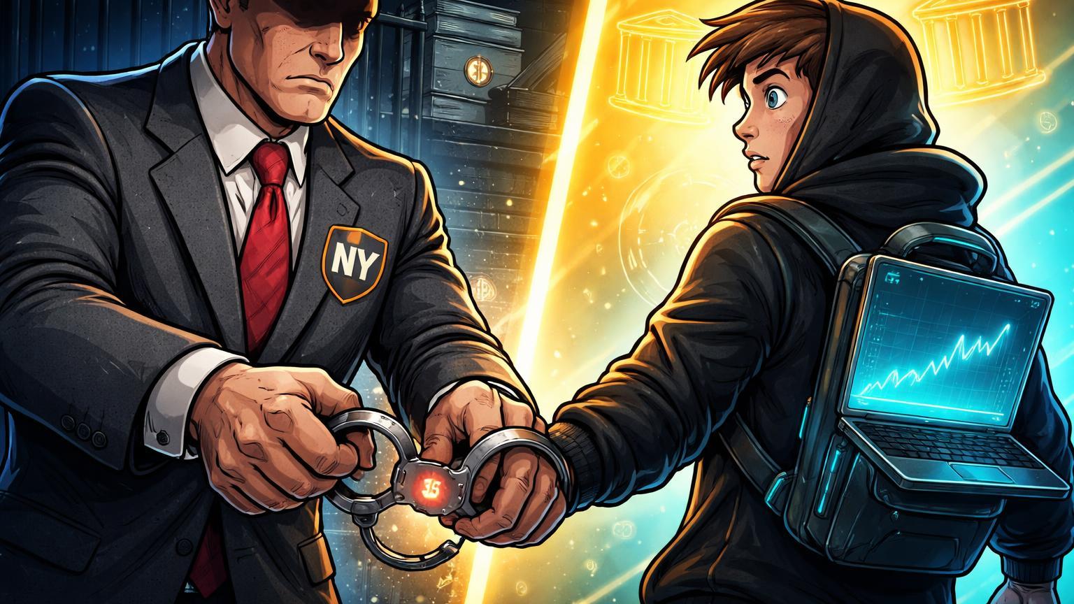 Regulador NY cartoon algemando trader cripto com emblema NY e 15 nas algemas, contrastando prisão local com políticas federais pró-cripto