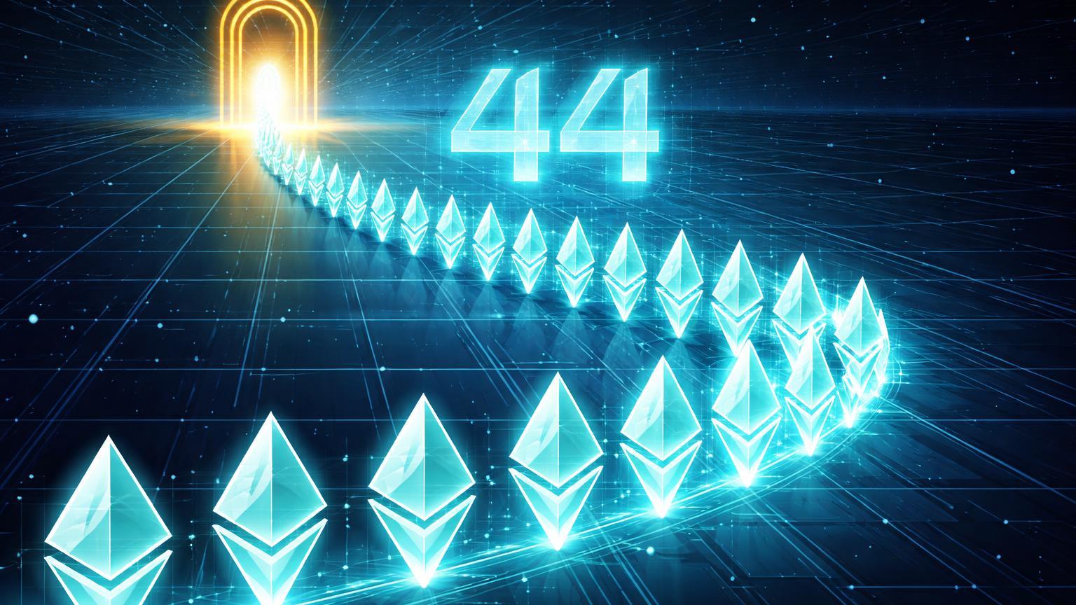 Fila isométrica de cristais Ethereum curvando ao horizonte até portal dourado com holograma 44, sinalizando alta demanda no staking