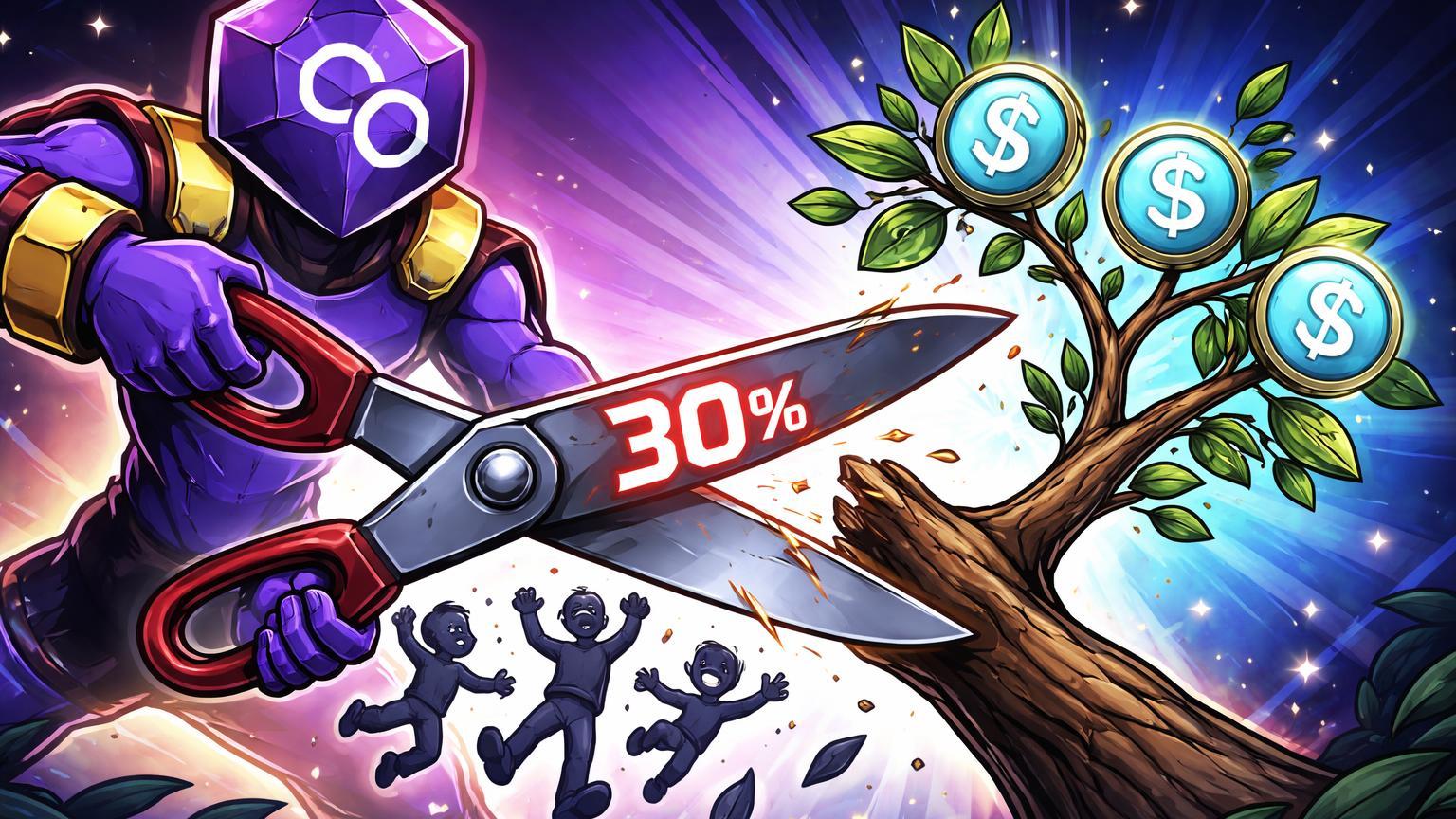 Personagem Polygon cartoon podando 30% da equipe com tesoura gigante enquanto brota ramo de stablecoins, simbolizando reestruturação e pivot estratégico