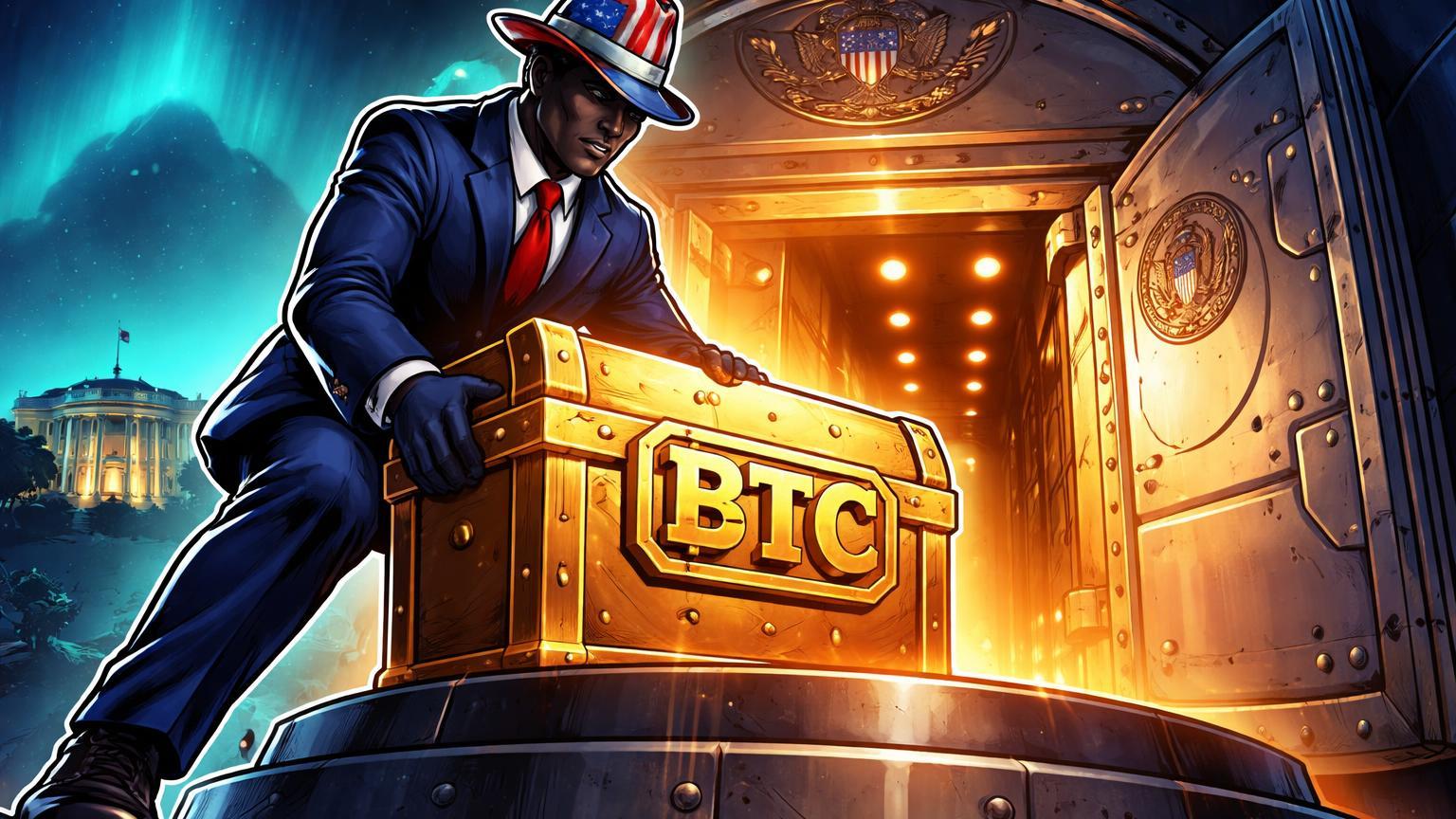 Agente governamental cartoon depositando baú BTC em silo de reserva estratégica patriótico, simbolizando manutenção do Bitcoin da Samourai na política de Trump