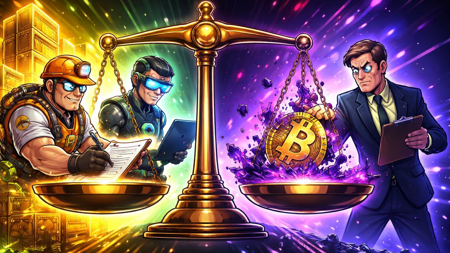 Personagens cartoon em balança tensa: Riot com AMD erguendo hardware dourado versus Jefferies abandonando BTC corroído por partículas quânticas, contrastes cripto