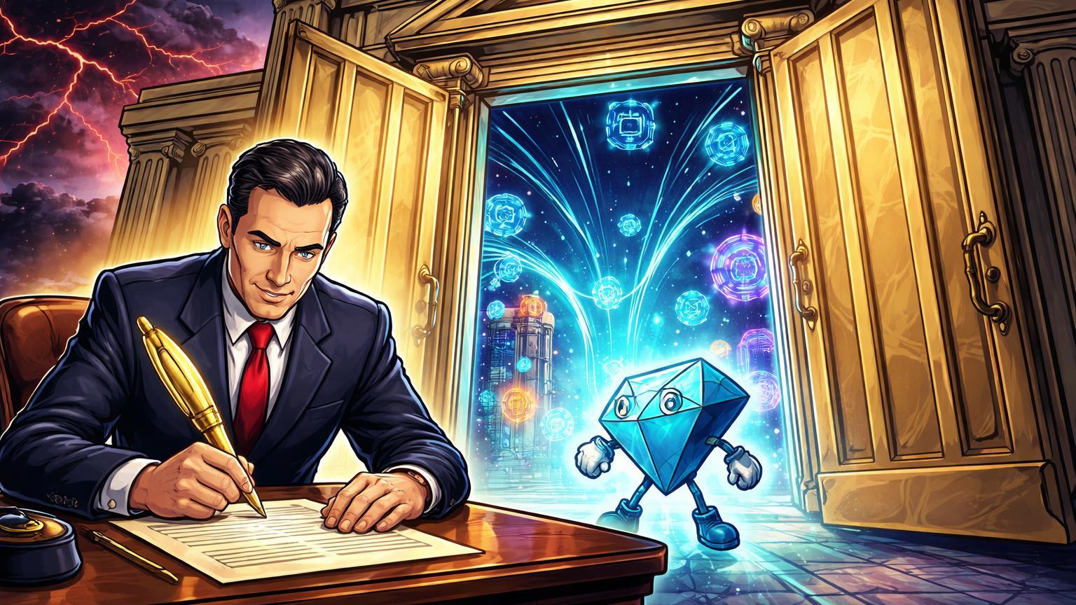 Líder cartoon assinando decreto que abre banco tradicional para ecossistema cripto neon, com nuvens de sanções ao fundo na Bielorrússia