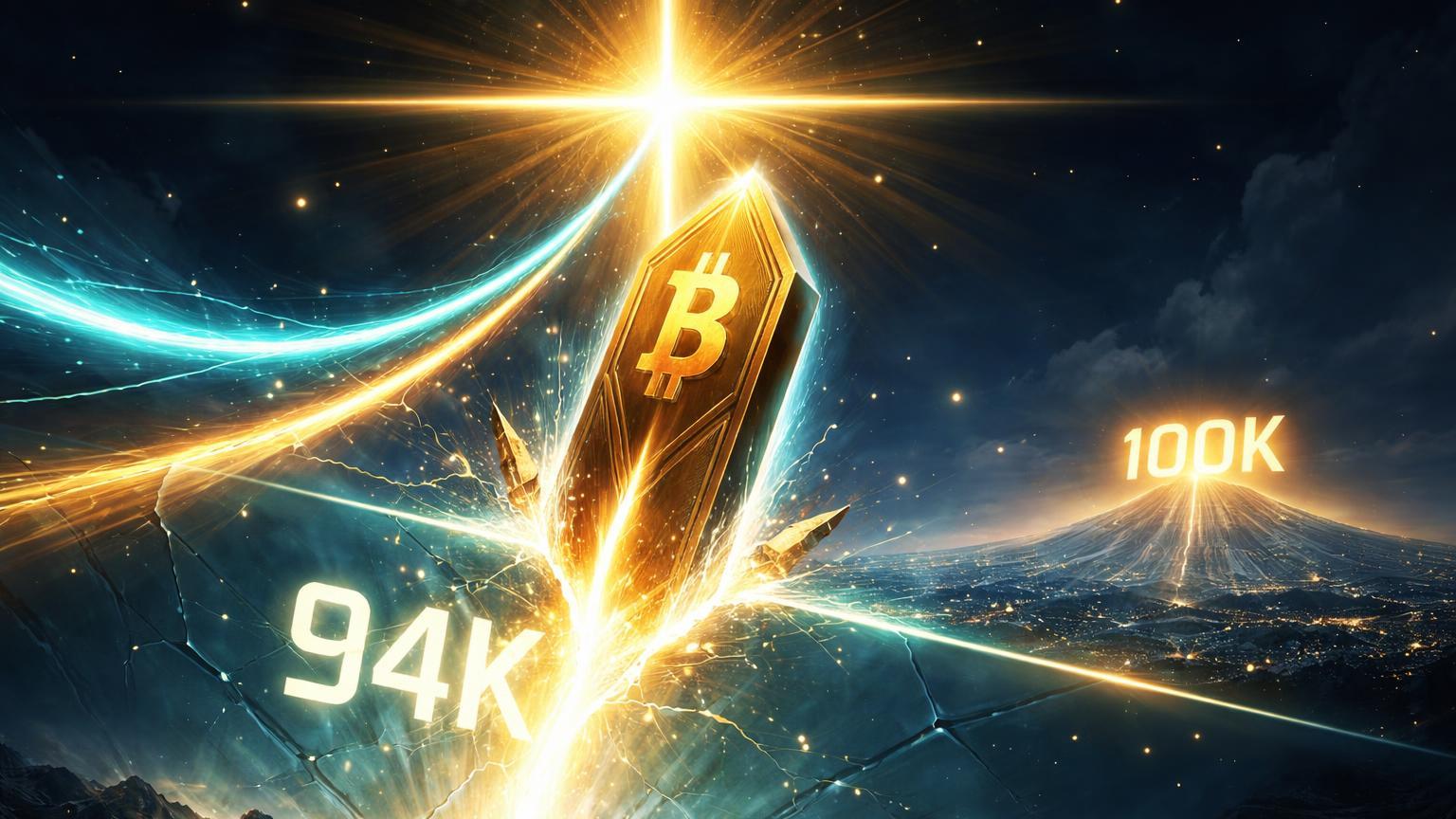 Cruz dourada de energias cyan e dourada impulsionando monolito Bitcoin além de 94K rumo a 100K, simbolizando Golden Cross e influxos de ETFs