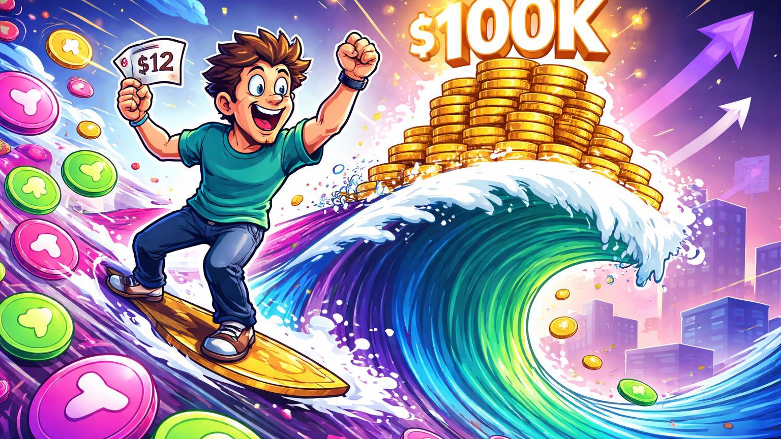 Trader cartoon surfando onda de memecoins com $12 se transformando em $100K, celebrando ganhos explosivos no Polymarket