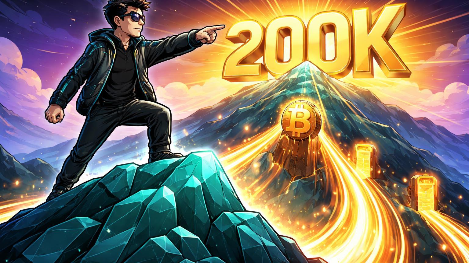 Personagem CZ cartoon apontando para marco '200K' luminoso no horizonte de montanha digital, simbolizando previsão inevitável de Bitcoin com ETFs