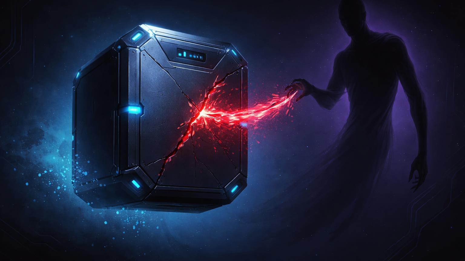 Cofre hardware wallet rachado com fluxo vermelho sugado por silhueta sombria, ilustrando hack de US$ 282M via engenharia social