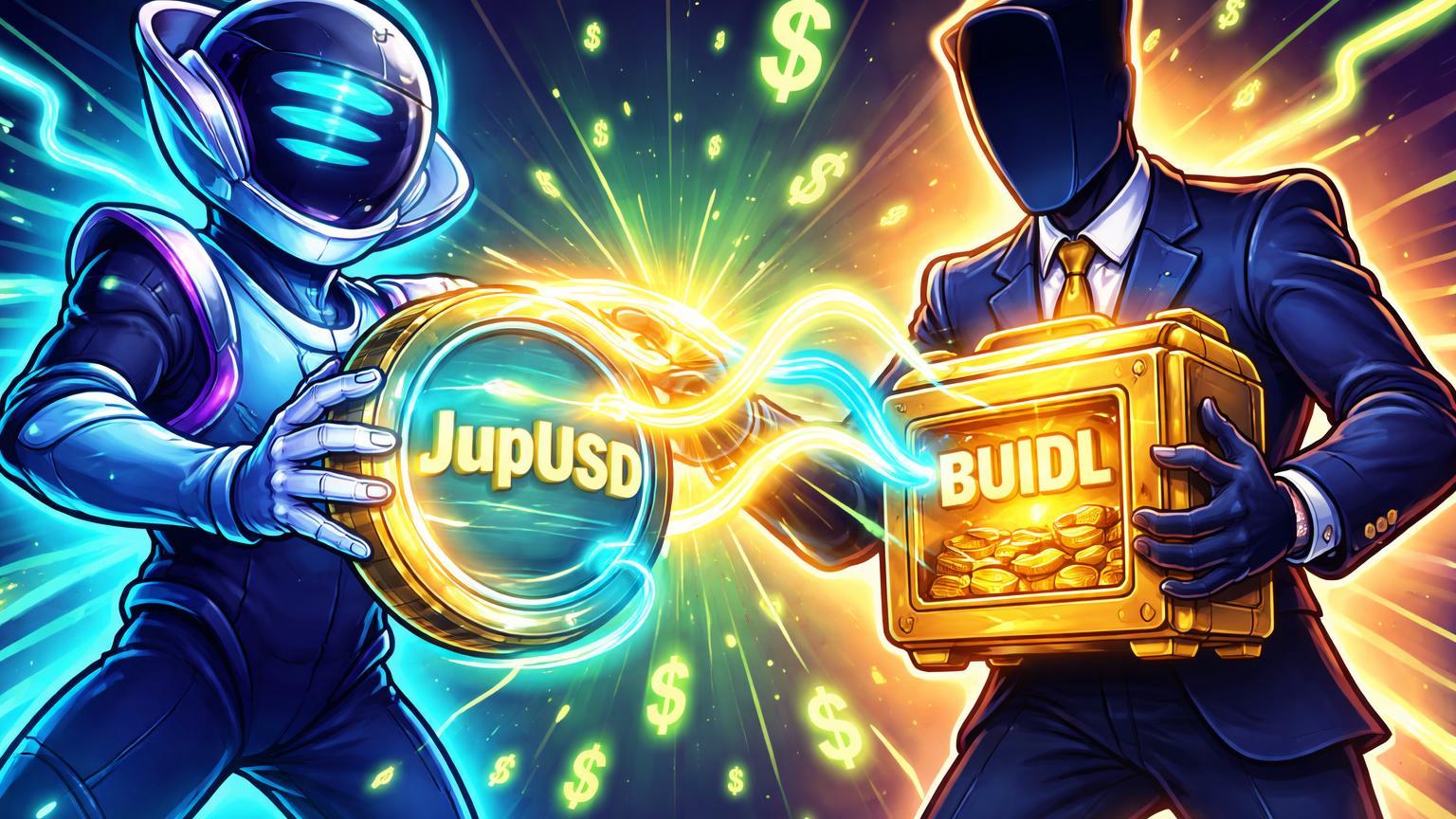 Personagens cartoon Jupiter e BlackRock conectando stablecoin JupUSD a cofre BUIDL com yield fluindo, simbolizando lançamento inovador DeFi na Solana