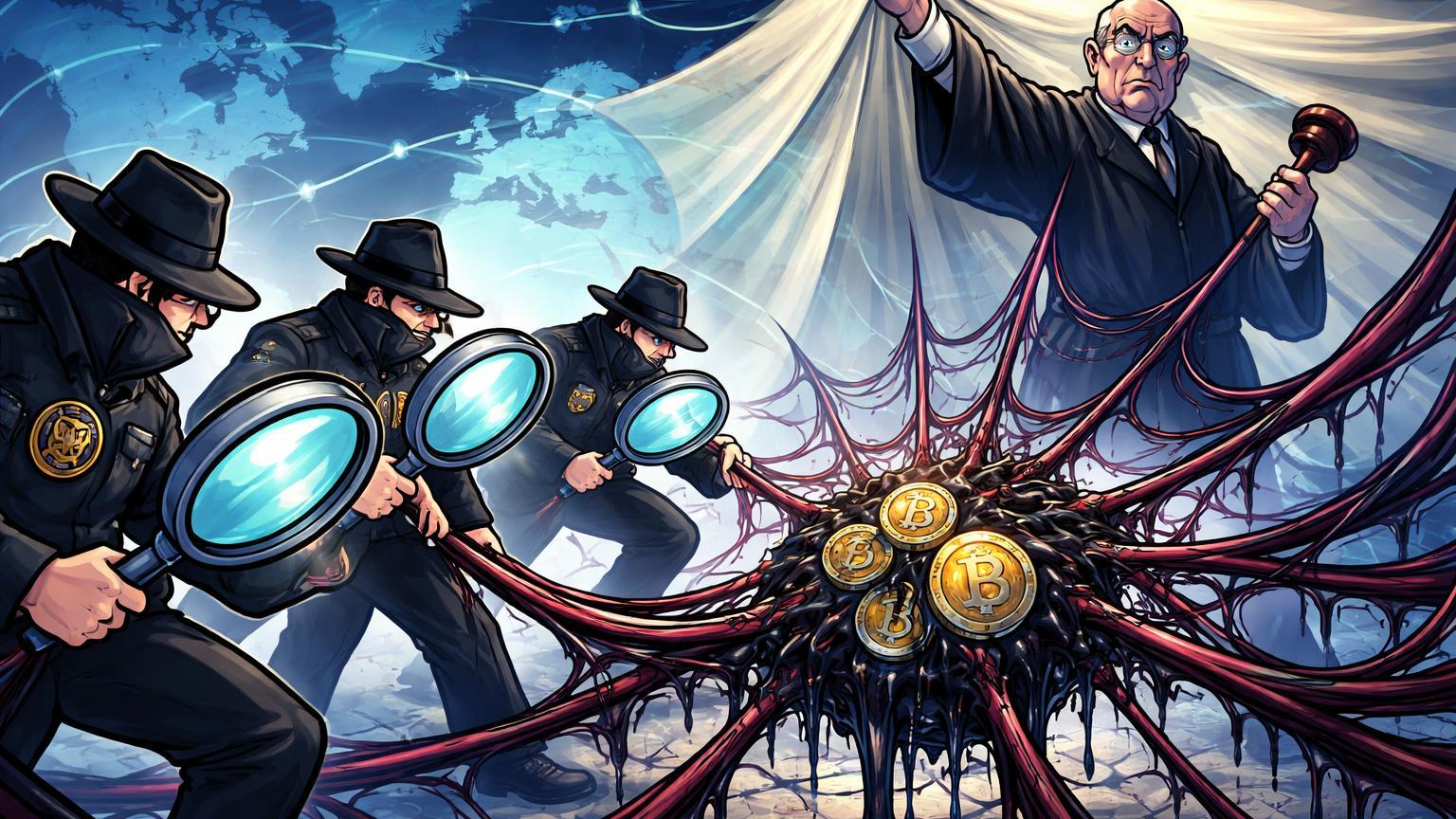 Detetives cartoon desvendando teia de transações cripto sujas sob véu judicial de sigilo, ilustrando investigação de lavagem de R$ 1,2 bi