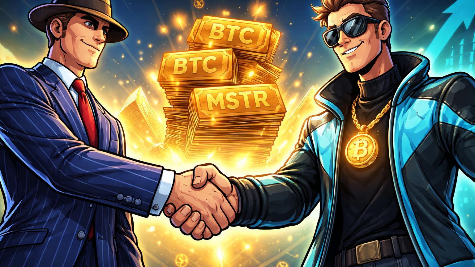 Executivos cartoon de Vanguard e MicroStrategy apertando mãos com ações MSTR glow Bitcoin, simbolizando adoção institucional bullish