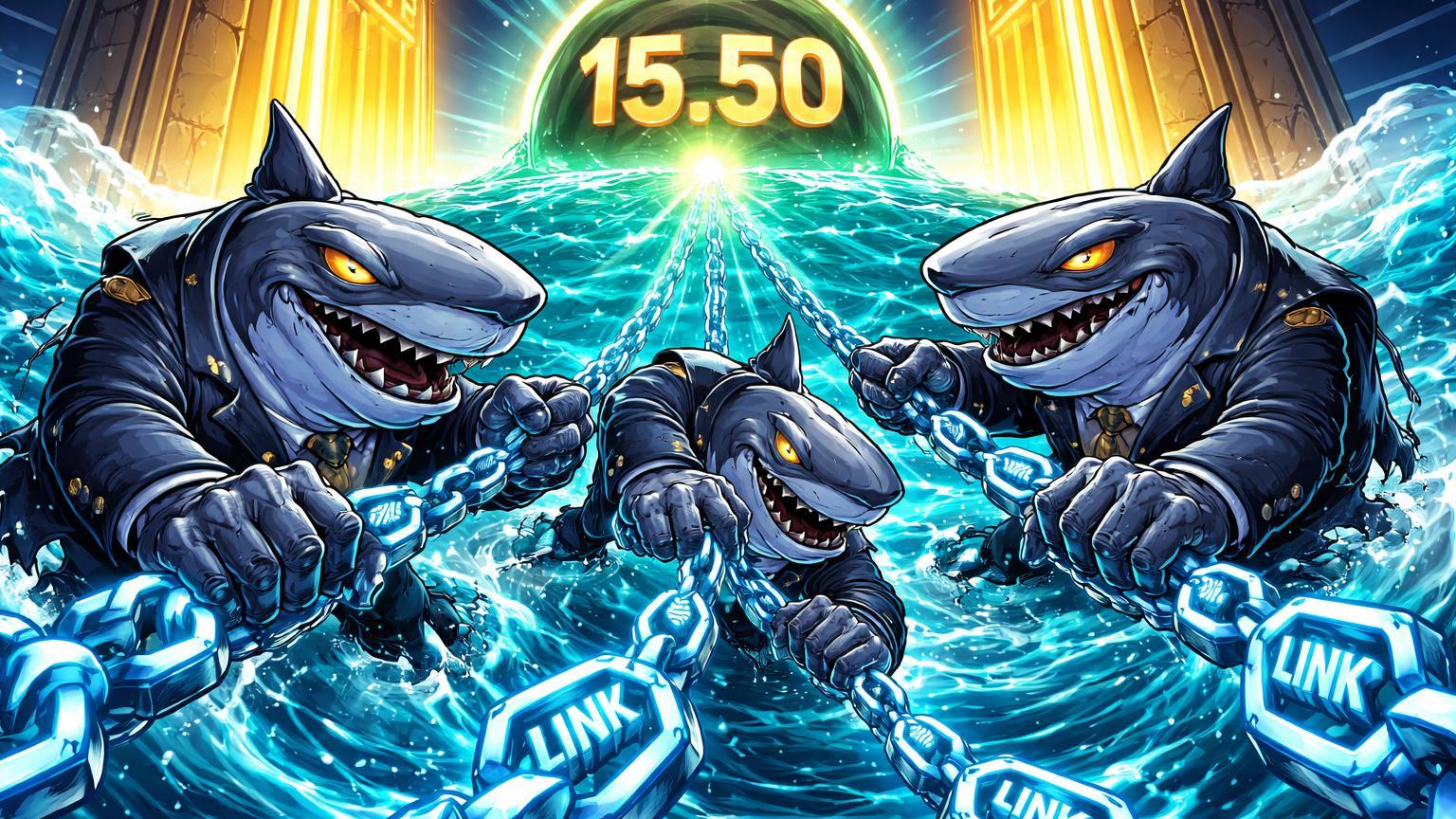 Baleias cartoon estilizadas emergindo do oceano digital agarrando correntes LINK mirando alvo 15.50, com portas ETF abertas simbolizando acumulação bullish