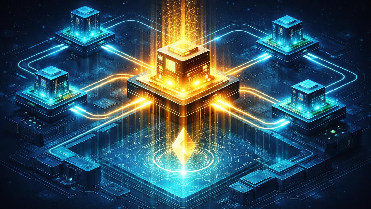 Rede isométrica de Layer 2s Ethereum com Base central maior pulsando energia dourada, liderando fees sobre Arbitrum e outras