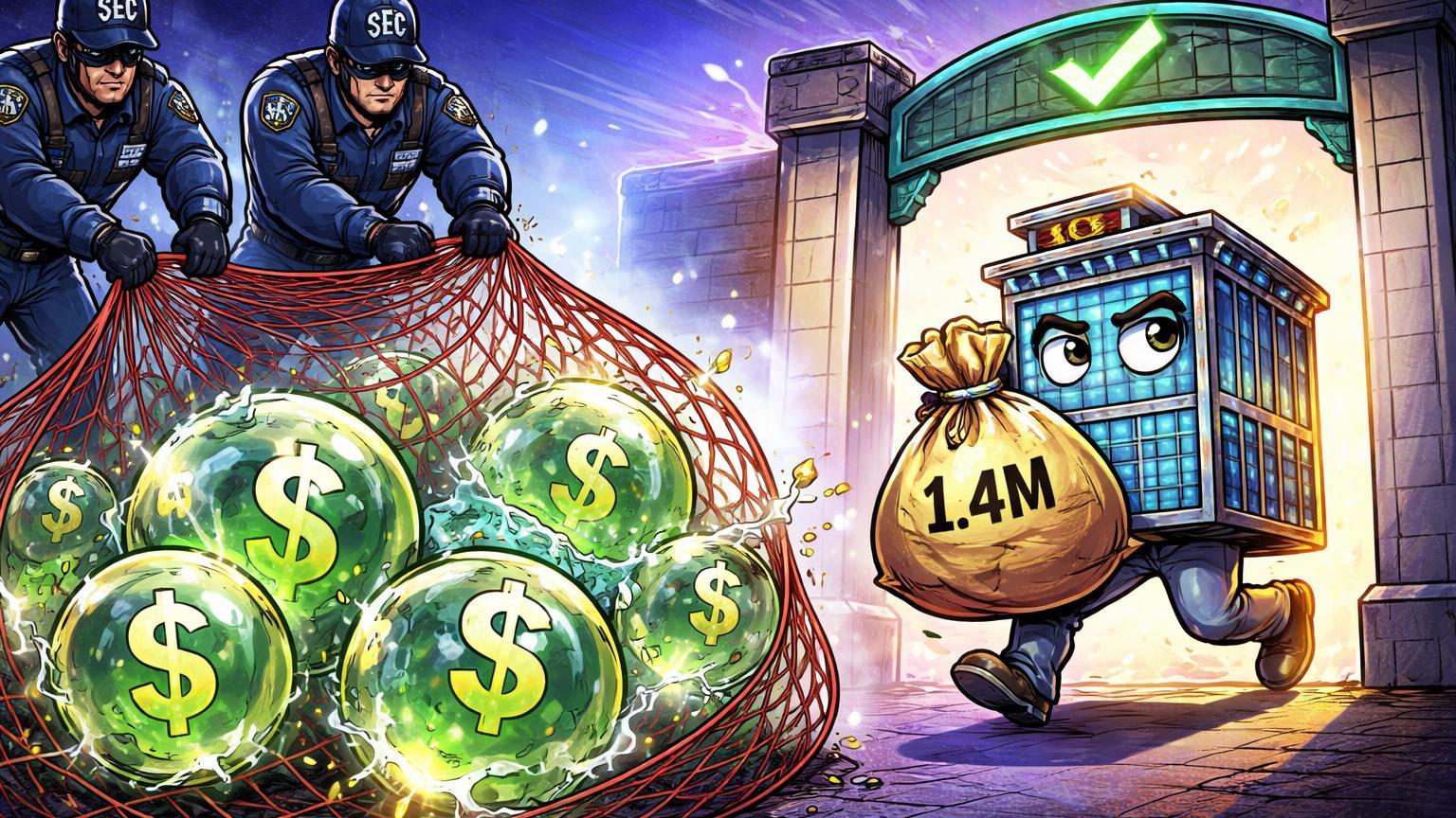 Agentes SEC cartoon apertando rede sobre bolhas Ponzi, exchange carregando saco de 1.4M aprovada, simbolizando regulação na Nigéria
