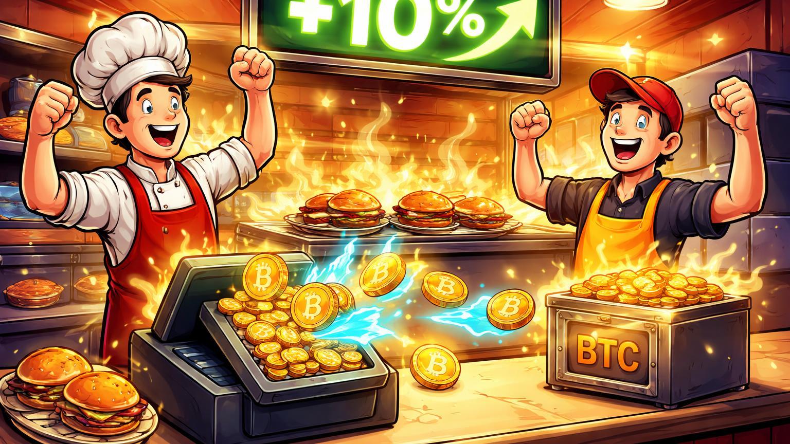 Equipe cartoon em balcão de fast-food celebrando com BTC dourado e raios Lightning, simbolizando lucros da Steak 'n Shake com tesouraria Bitcoin