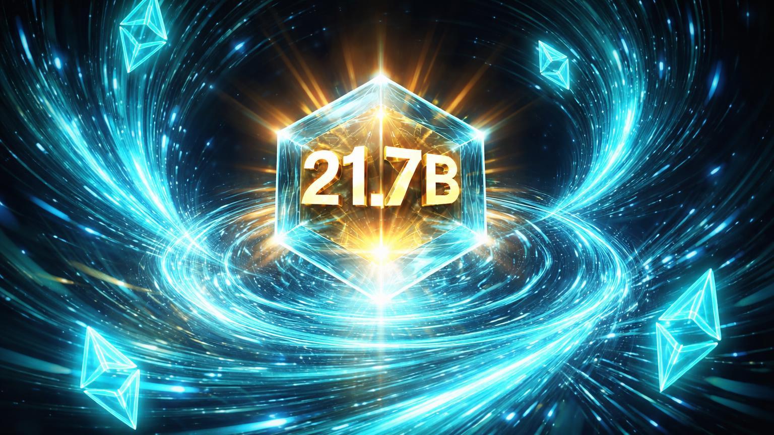Vórtice de energia cyan ETH convergindo em núcleo com cristal 21.7B luminoso, simbolizando recorde de volume de futuros na Binance