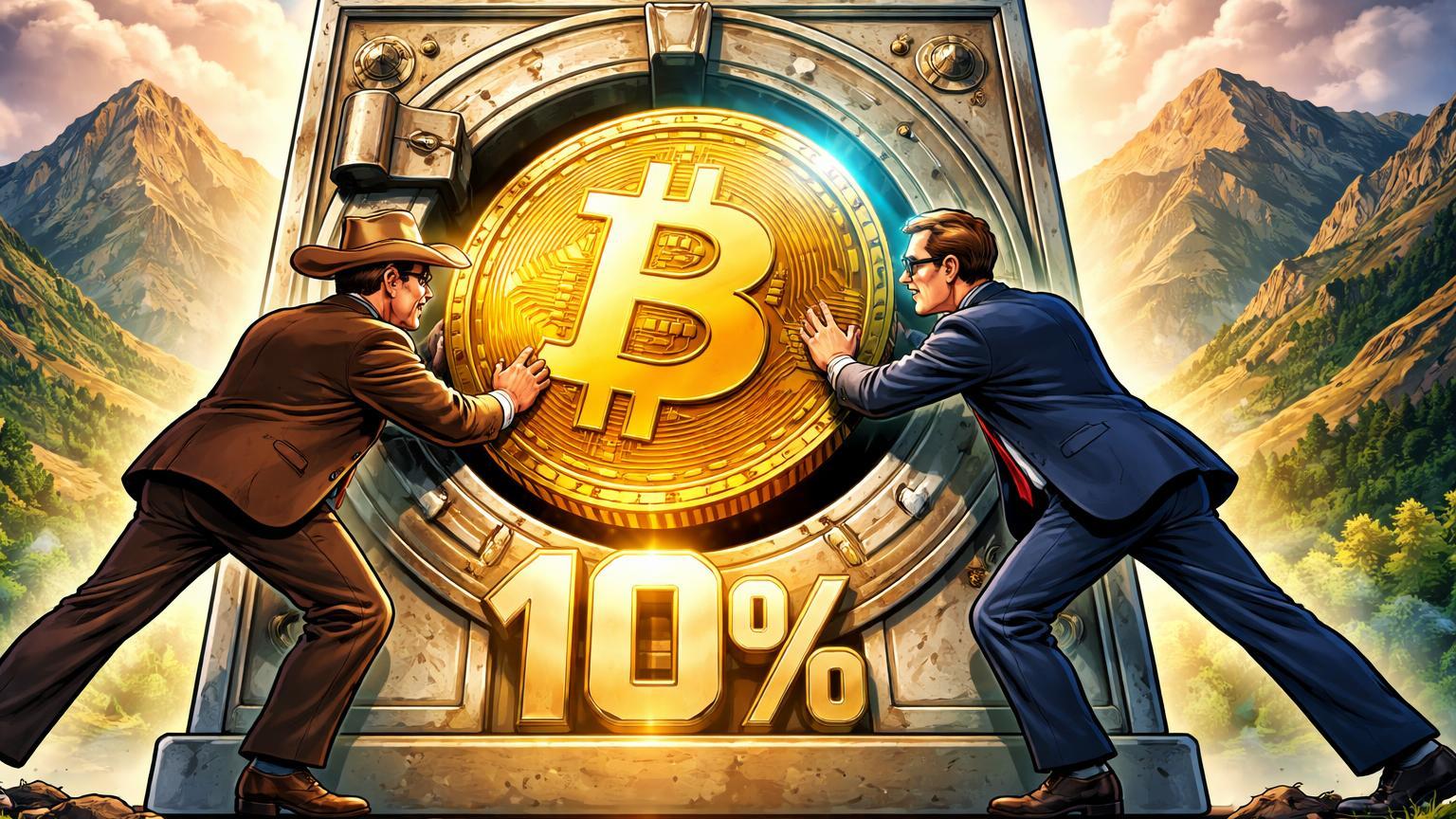 Legisladores cartoon inserindo Bitcoin em cofre público com '10%' gravado, protegendo contra inflação em West Virginia