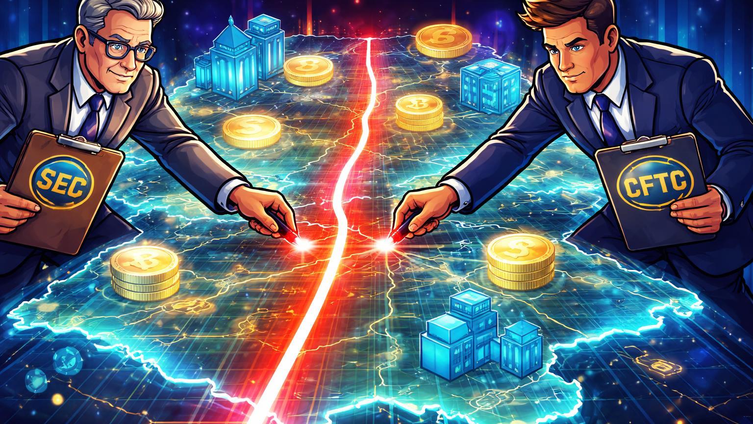 Dois reguladores cartoon traçando linha divisória em mapa digital de criptoativos, simbolizando proposta de lei dividindo jurisdições SEC e CFTC