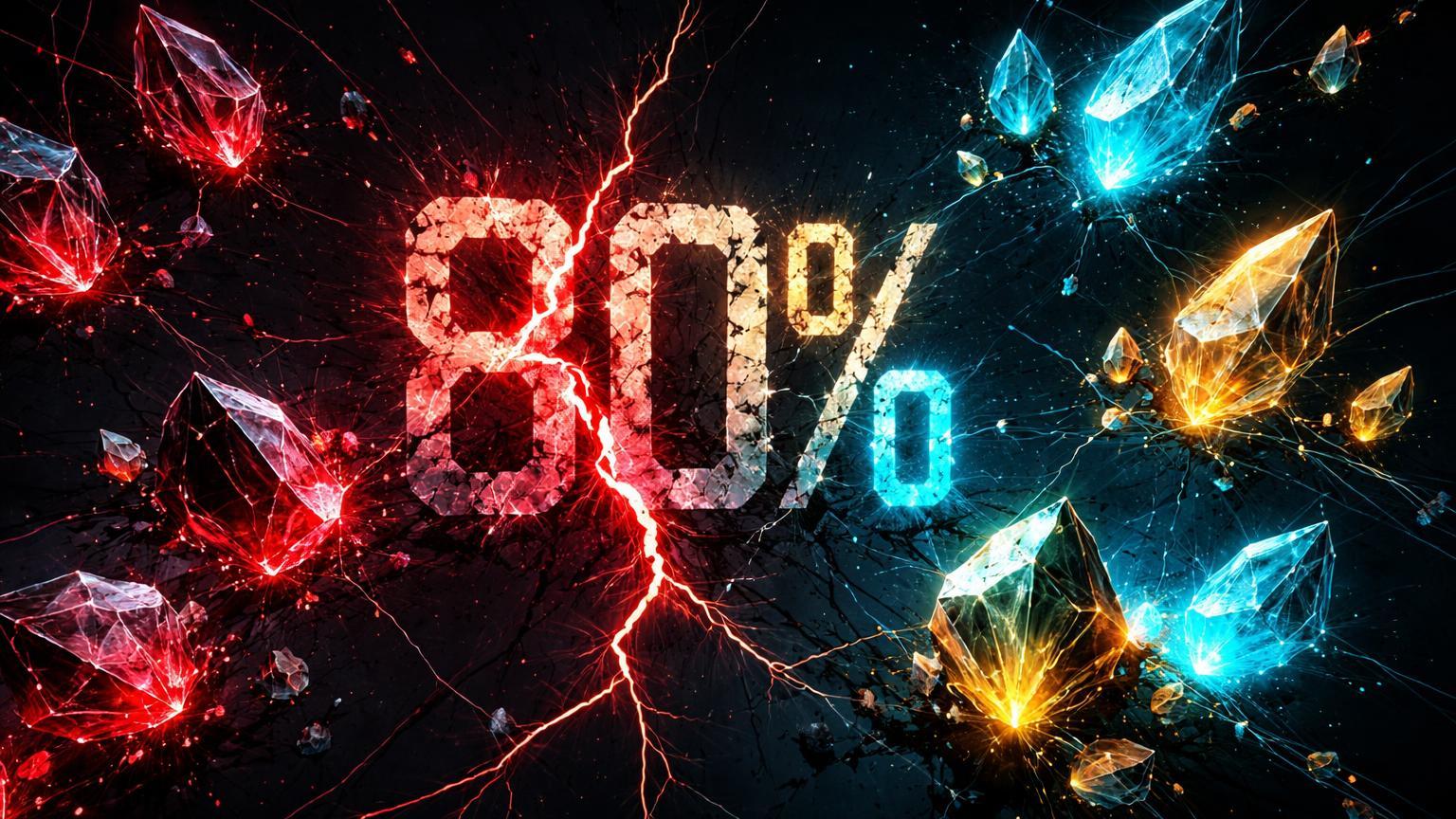 Rede de cristais digitais com 80% fragmentados em vermelho e 20% brilhantes em cyan, ilustrando projetos cripto hackeados que não se recuperam