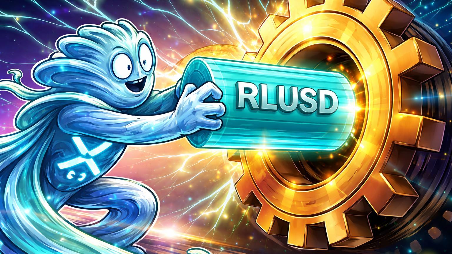 Personagem Ripple cartoon inserindo pilar RLUSD em engrenagem institucional LMAX, com rede XRP expandindo, simbolizando expansão bilionária