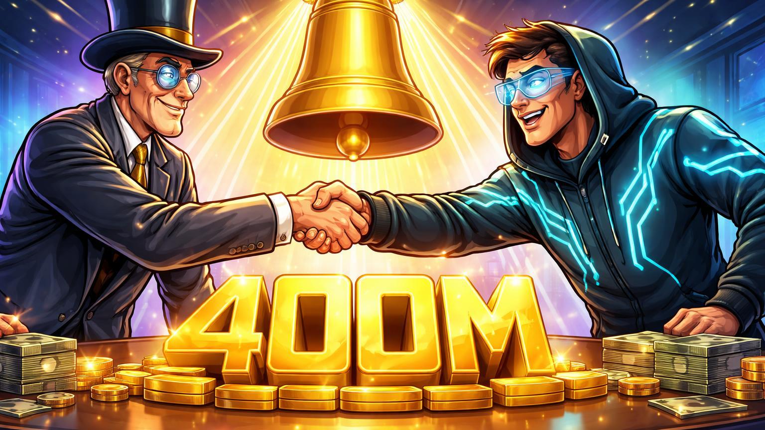 Personagens cartoon de banqueiro Wall Street e custodio cripto apertando mãos sobre pilha '400M' dourada com sino IPO ao fundo, validando setor cripto